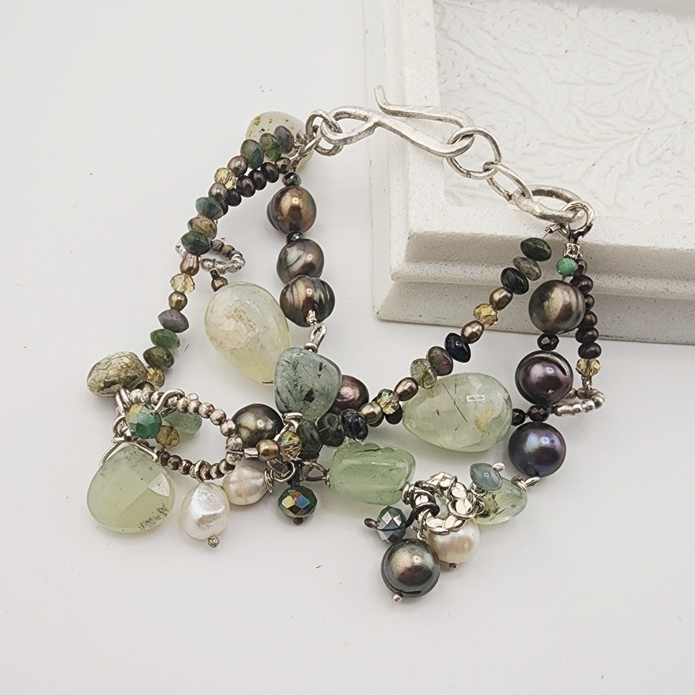 PREHINITE, AFRICAN TURQUOISE & PEARLS DANGLING BRACELET HANDMADE IN STERLING